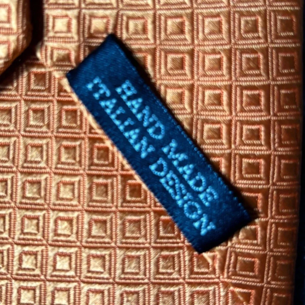 RA-DESIGN Mens Silk Tie Gold Orange Geometric Square Pattern Hand Made Italian